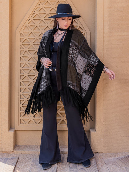 Plus Size Printed Fringe Open Front Outerwear-Angel Casuals