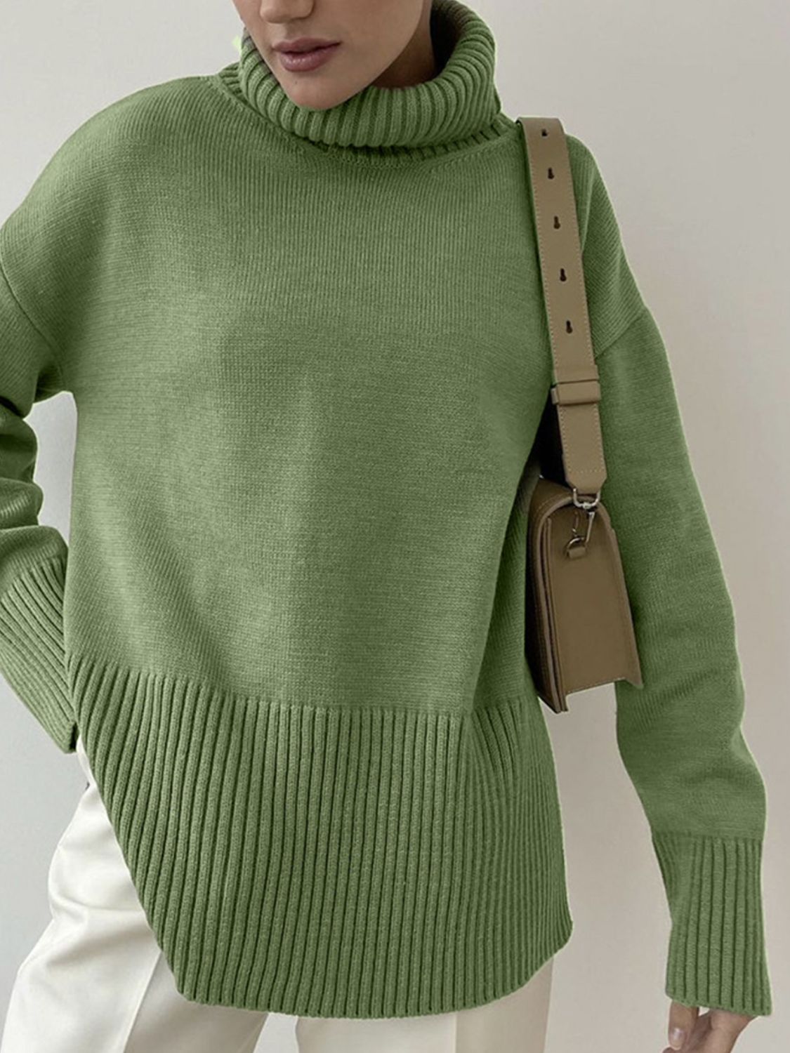 Side Slit Turtleneck Drop Shoulder Sweater-Angel Casuals