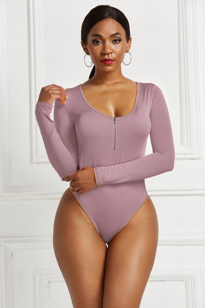 Half Zip Scoop Neck Long Sleeve Bodysuit-Angel Casuals