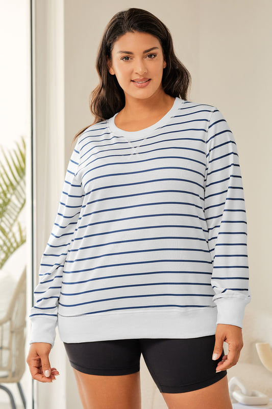 Plus Size Striped Round Neck Long Sleeve T-Shirt-Angel Casuals