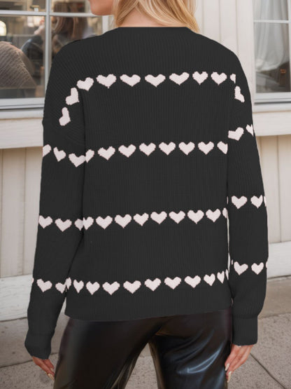 Heart Round Neck Long Sleeve Sweater-Angel Casuals