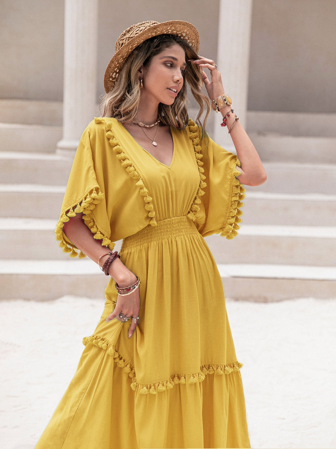 Tassel Trim Smocked V-Neck Short Sleeve Dress-Angel Casuals