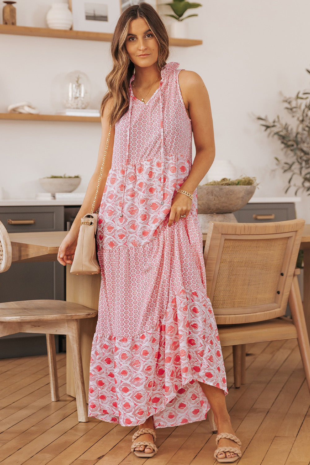 Mixed Print Tie-Neck Sleeveless Maxi Dress-Angel Casuals