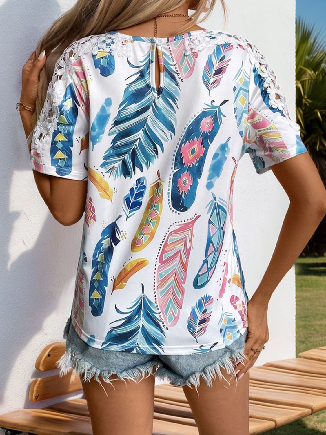 Perfee Printed Round Neck Lace Short Sleeve Top-Angel Casuals