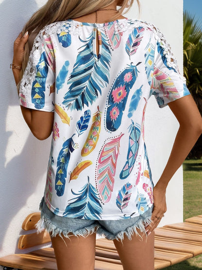 Perfee Printed Round Neck Lace Short Sleeve Top-Angel Casuals