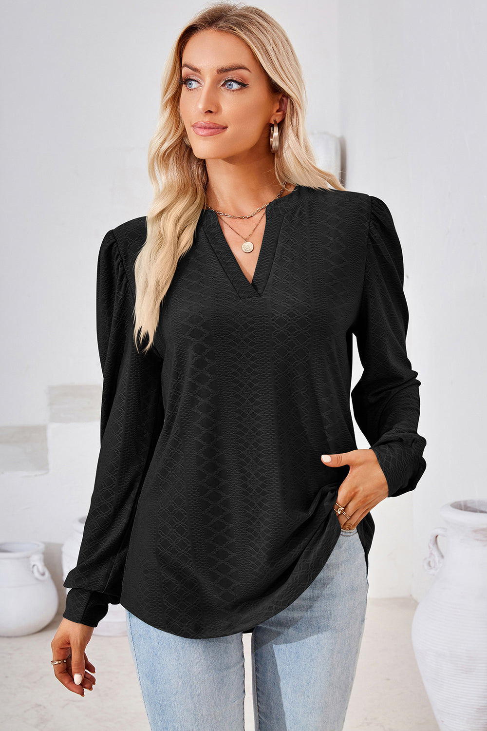 Notched Long Sleeve T-Shirt-Angel Casuals
