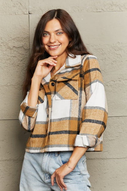 Plaid Collared Neck Jacket with Breast Pockets-Angel Casuals