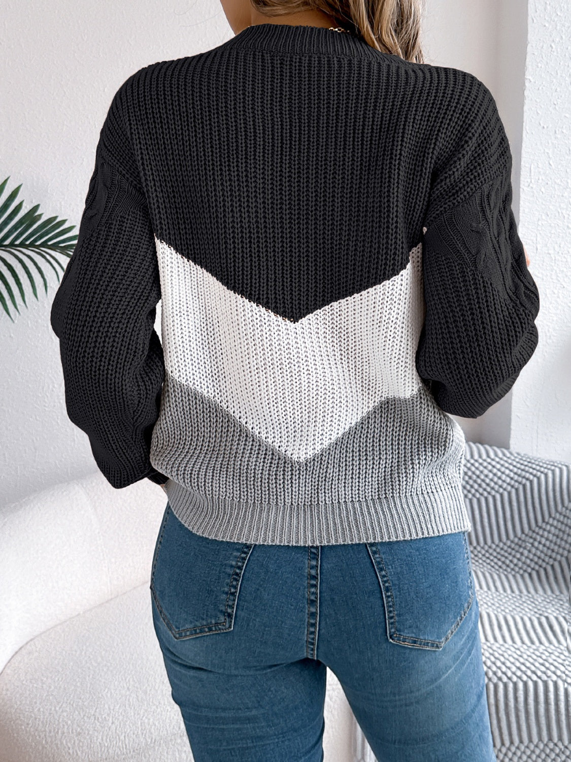 Cable-Knit Color Block Round Neck Sweater-Angel Casuals