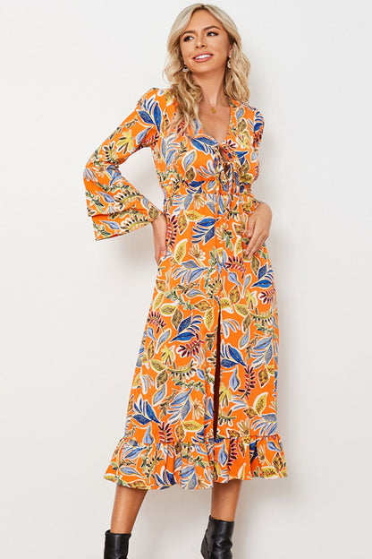 Printed Layered Flare Sleeve Split Tied Dress-Angel Casuals