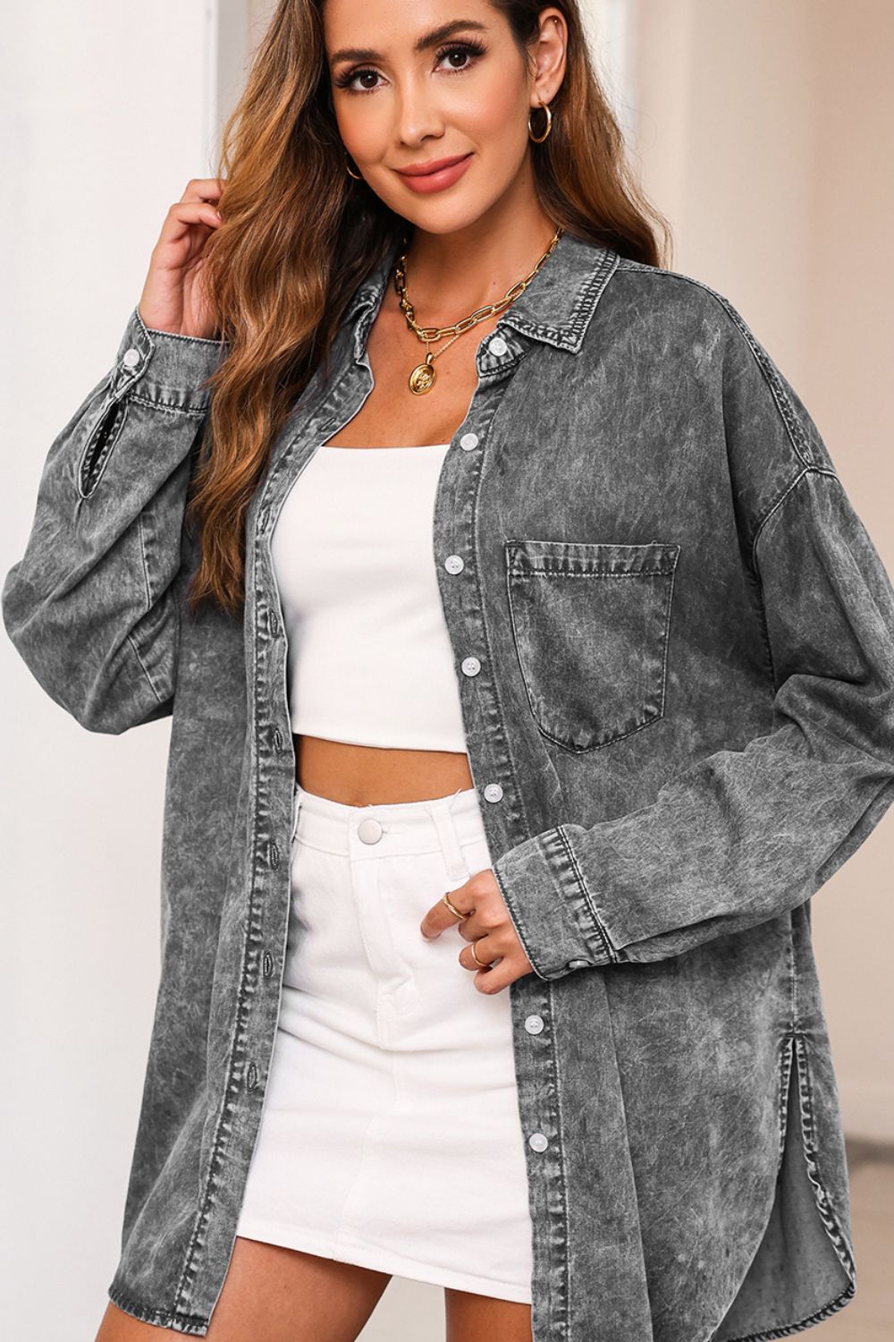 Button Up Dropped Shoulder Denim Top-Angel Casuals