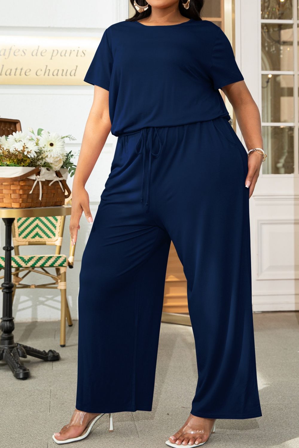 Plus Size Drawstring Waist Short Sleeve Jumpsuit-Angel Casuals