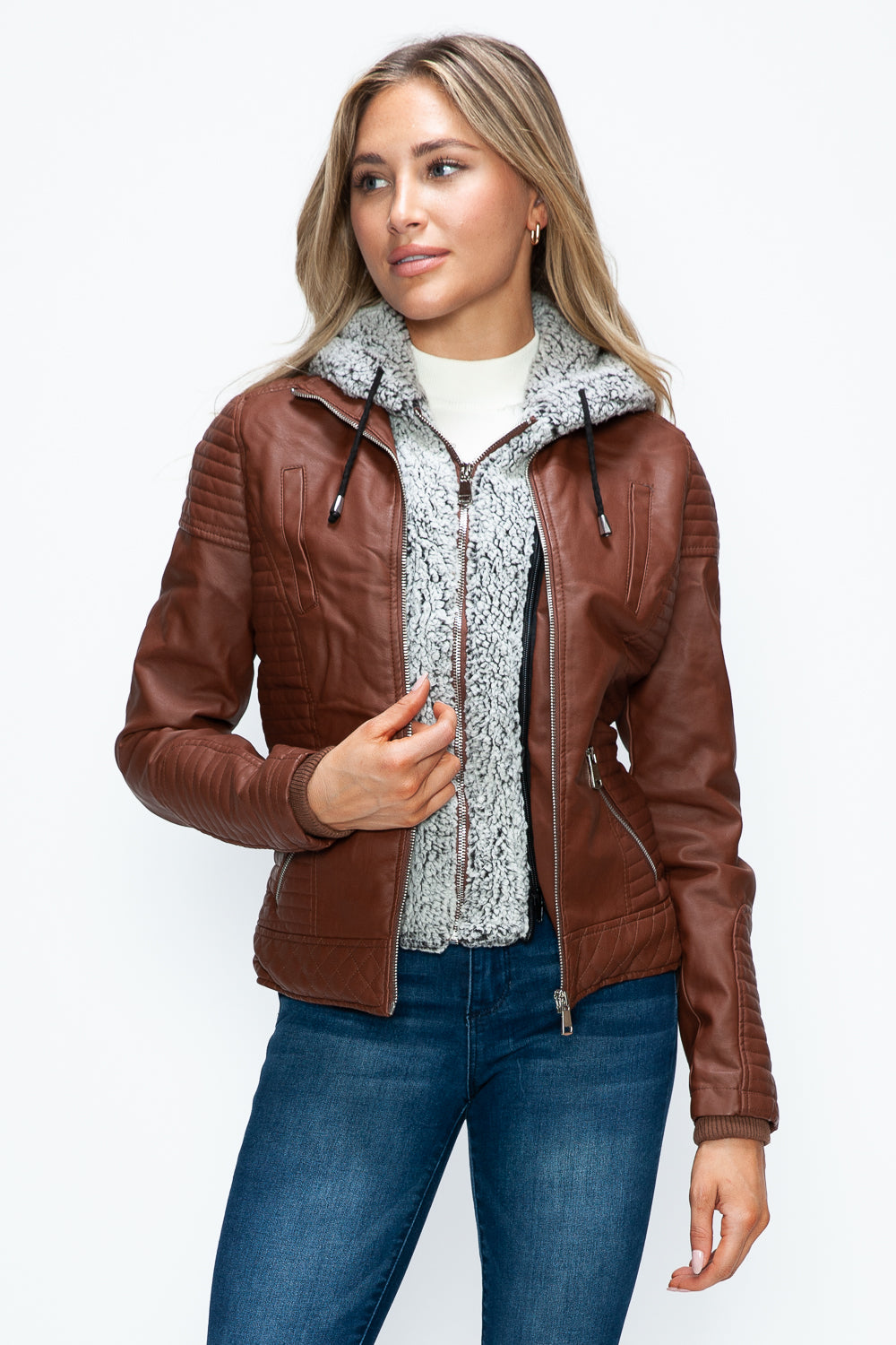 YMI Faux Layered Double-Zipper Jacket with Fuzzy Hood-Angel Casuals