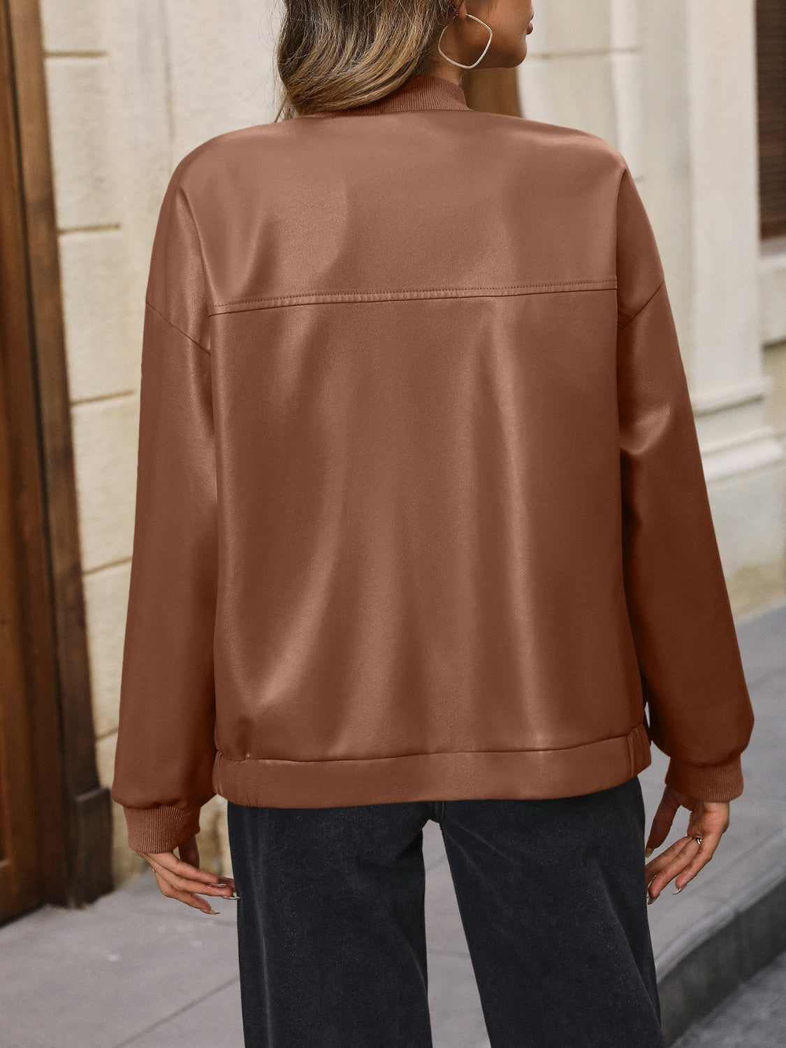 Ivy Lane Zip Up Baseball Collar Dropped Shoulder Jacket-Angel Casuals