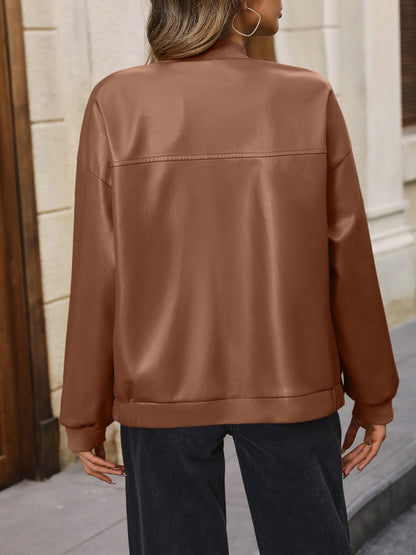 Ivy Lane Zip Up Baseball Collar Dropped Shoulder Jacket-Angel Casuals