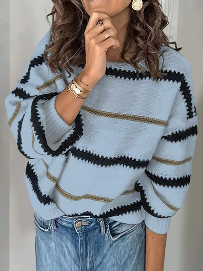 Contrast Striped Round Neck Long Sleeve Sweater-Angel Casuals