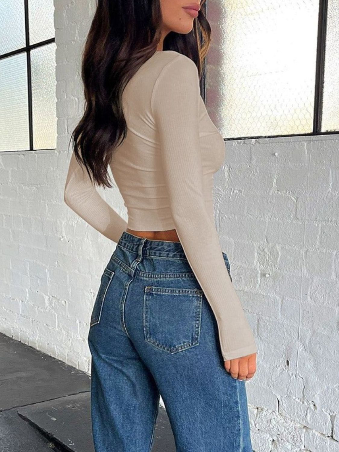 Buttoned V-Neck Long Sleeve T-Shirt-Angel Casuals