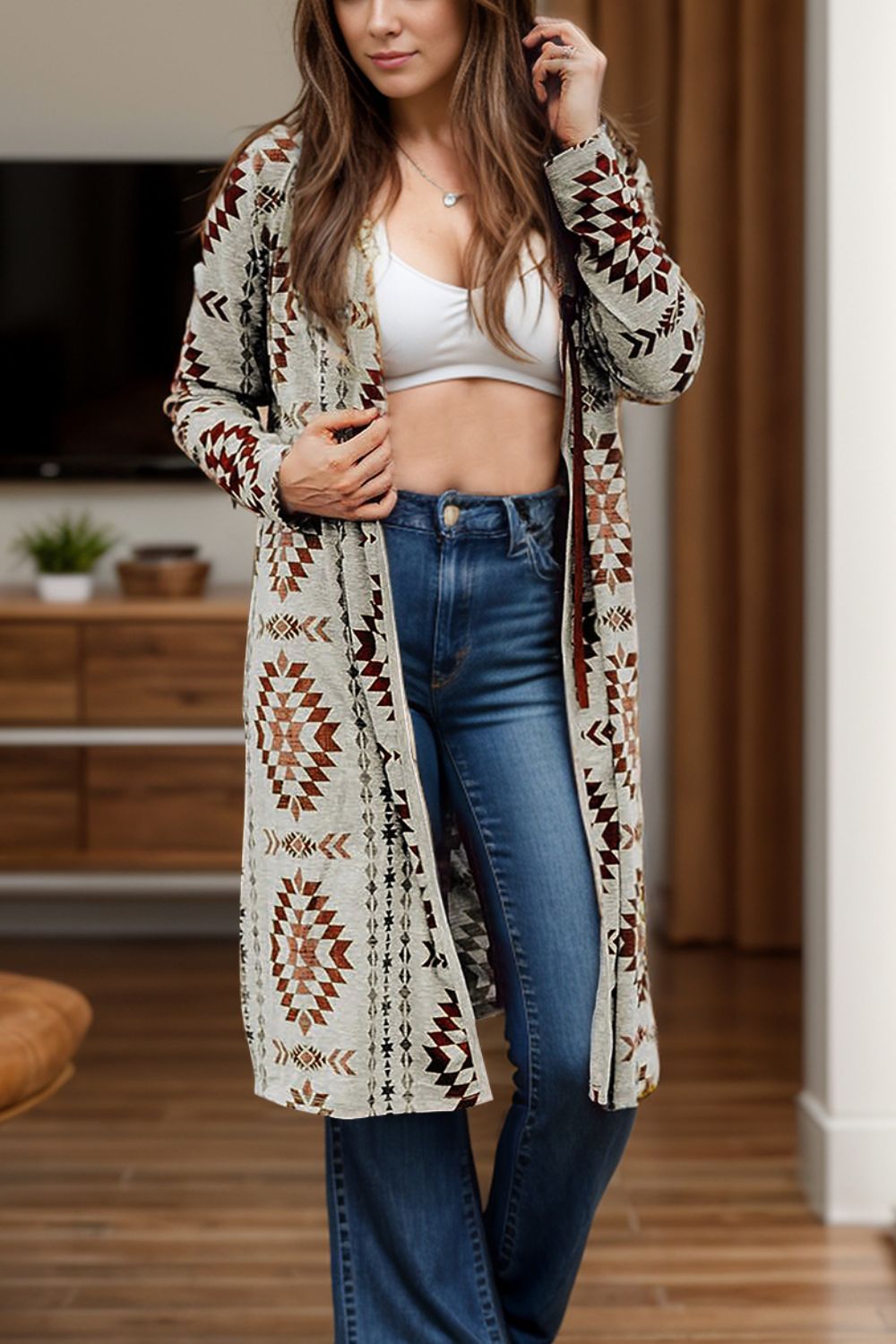 Geometric Open Front Long Sleeve Cover Up-Angel Casuals