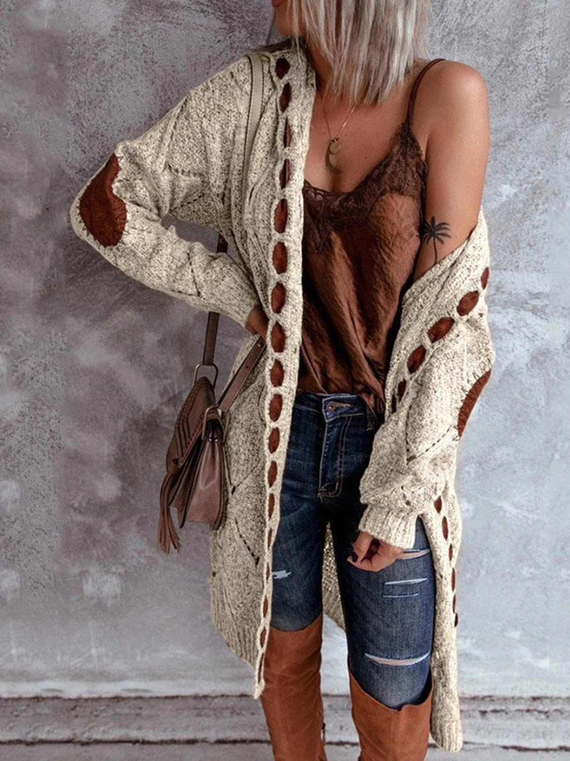 Openwork Long Sleeve Open Front Hooded Cardigan-Angel Casuals