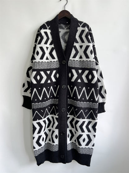 Geometric Button Front Longline Cardigan-Angel Casuals