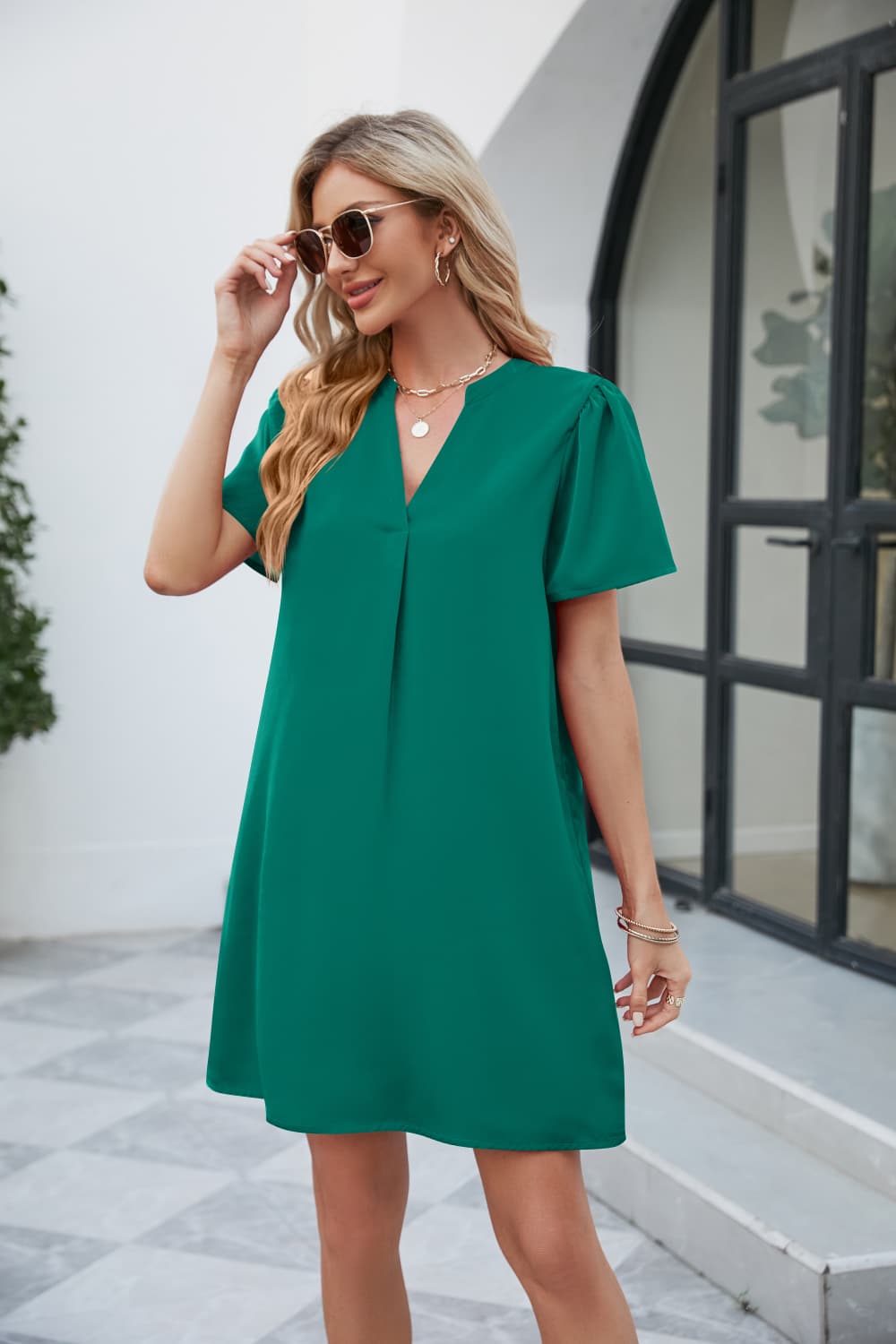 Notched Puff Sleeve Shift Dress-Angel Casuals