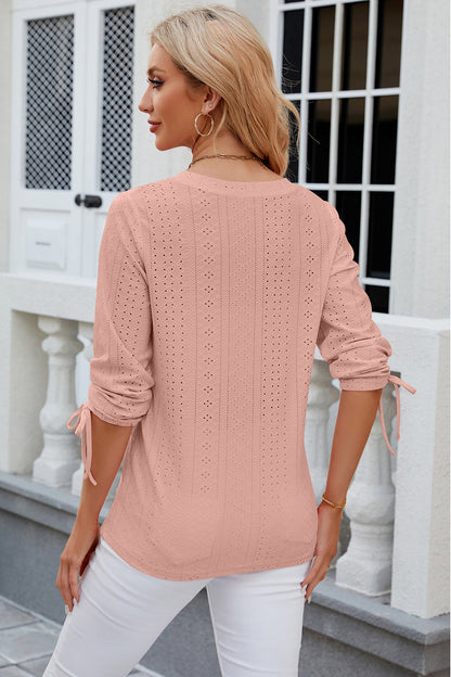 Eyelet Drawstring V-Neck Half Sleeve T-Shirt-Angel Casuals