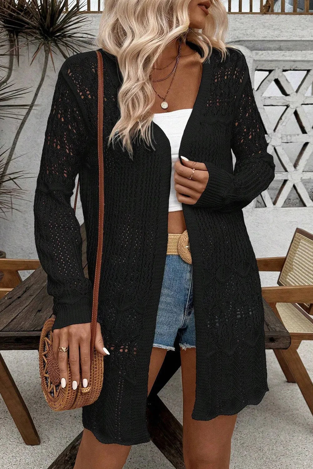 Openwork Open Front Long Sleeve Cardigan-Angel Casuals