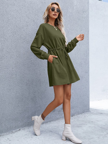 Drawstring Round Neck Dropped Shoulder Mini Dress-Angel Casuals