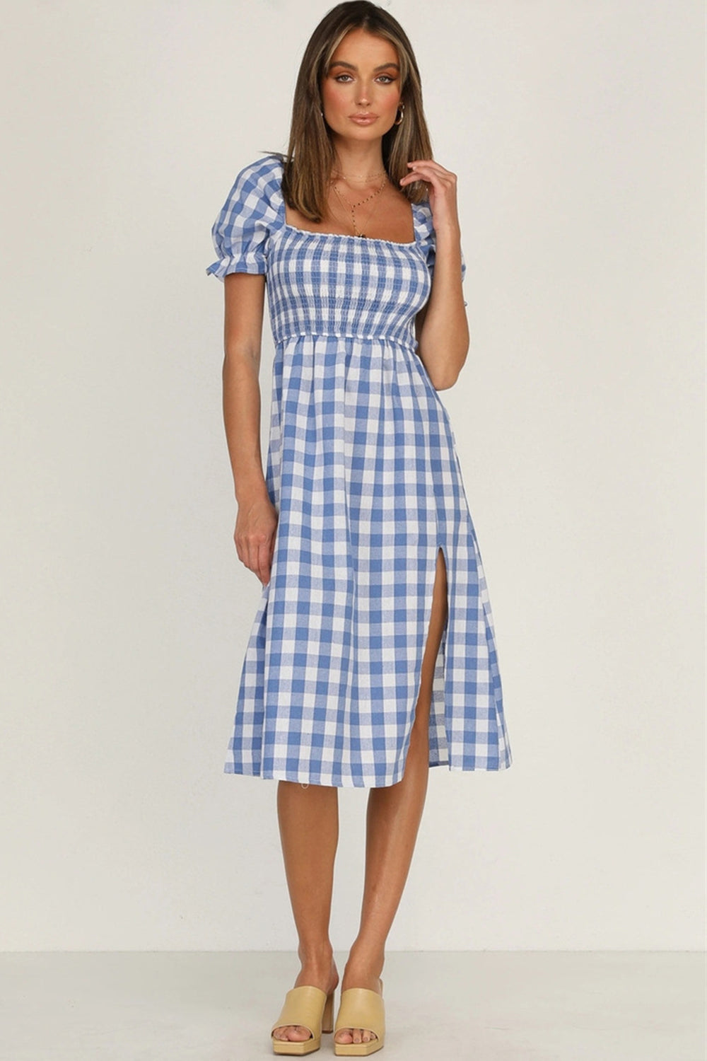 Full Size Slit Plaid Short Sleeve Midi Dress-Angel Casuals