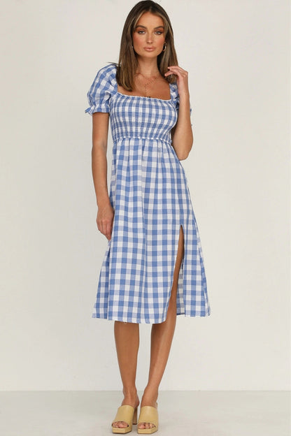 Full Size Slit Plaid Short Sleeve Midi Dress-Angel Casuals