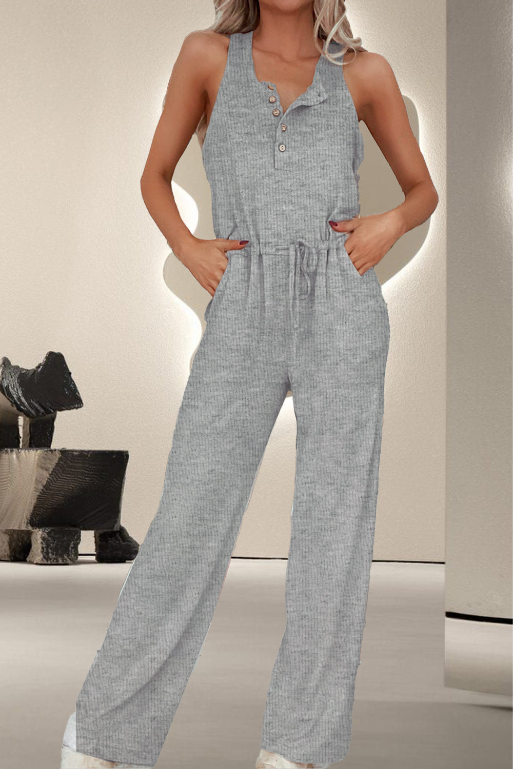 Drawstring Quarter Button Wide Strap Jumpsuit-Angel Casuals