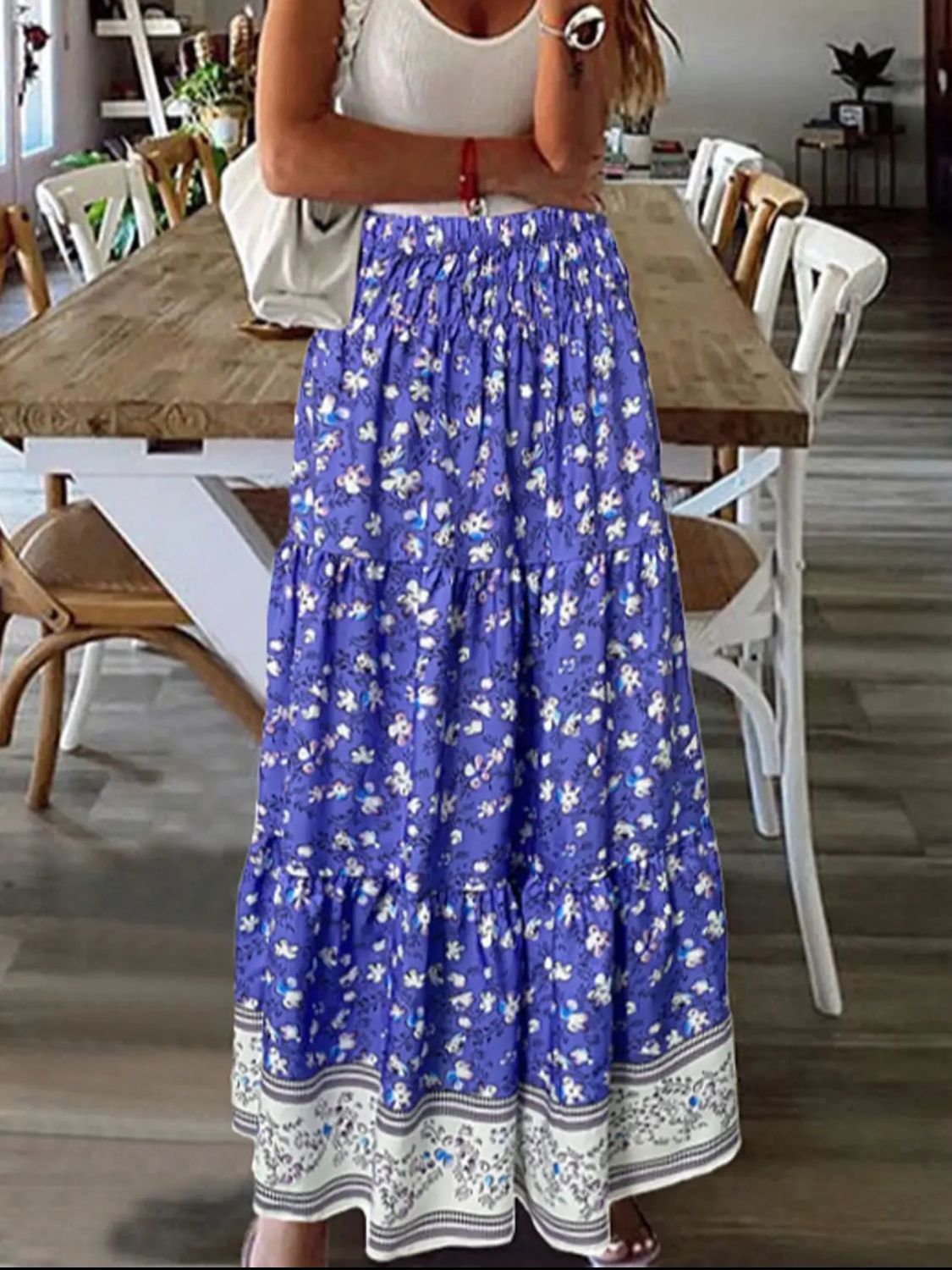 Full Size Tiered Printed Elastic Waist Skirt-Angel Casuals