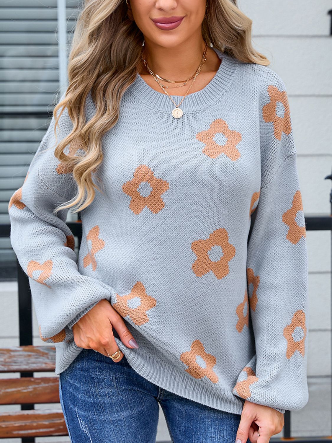 Angel Wings Flower Round Neck Dropped Shoulder Sweater-Angel Casuals