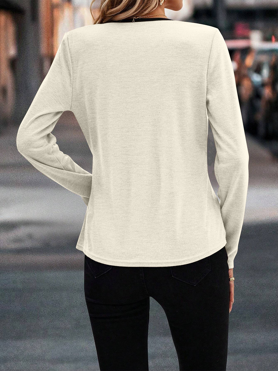Full Size Crisscross Contrast Trim Long Sleeve T-Shirt-Angel Casuals