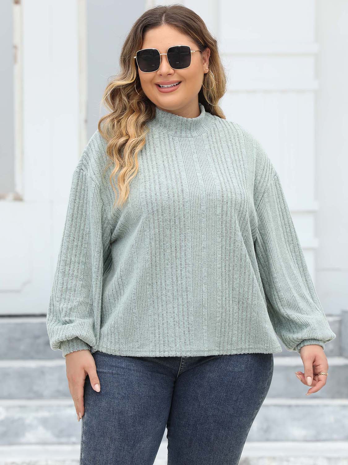 Plus Size Mock Neck Long Sleeve Knit Top-Angel Casuals