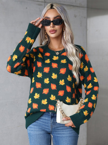 Angel Wings Maple Leaf Round Neck Long Sleeve Sweater-Angel Casuals