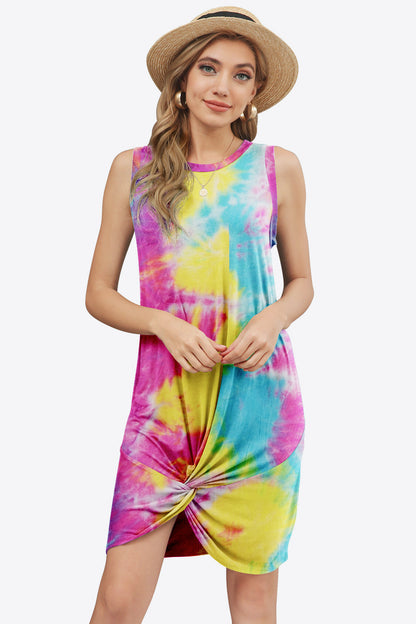 Tie-Dye Twisted Round Neck Sleeveless Dress-Angel Casuals