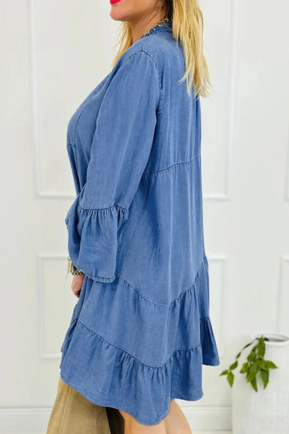 Notched Flare Sleeve Denim Dress-Angel Casuals