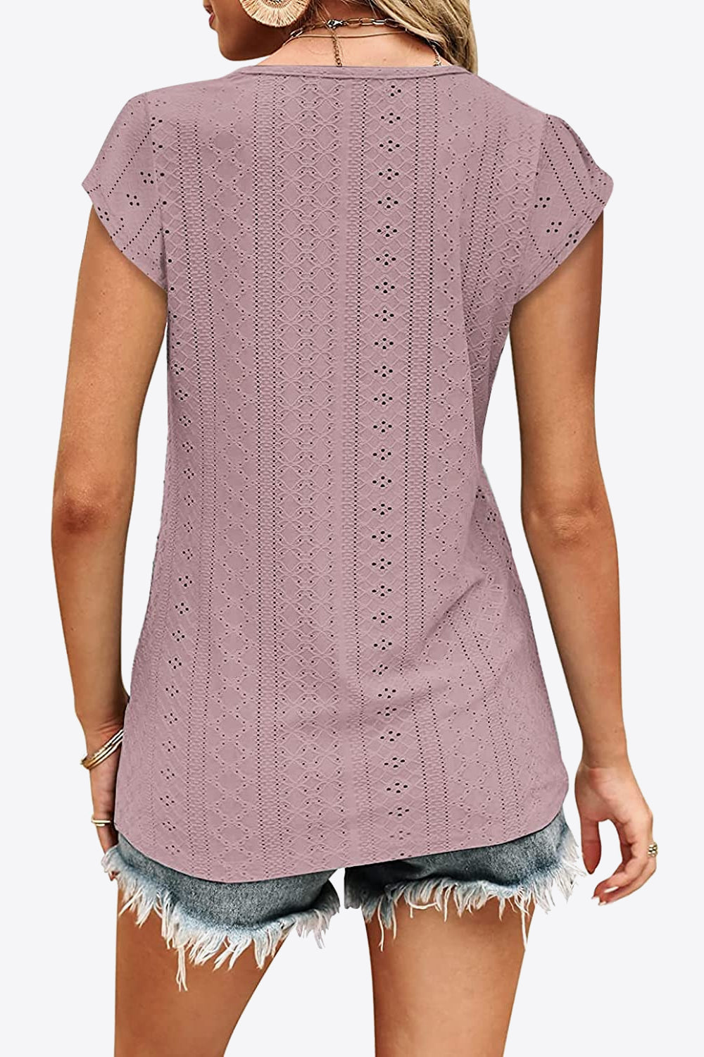 Eyelet Contrast V-Neck Tee-Angel Casuals