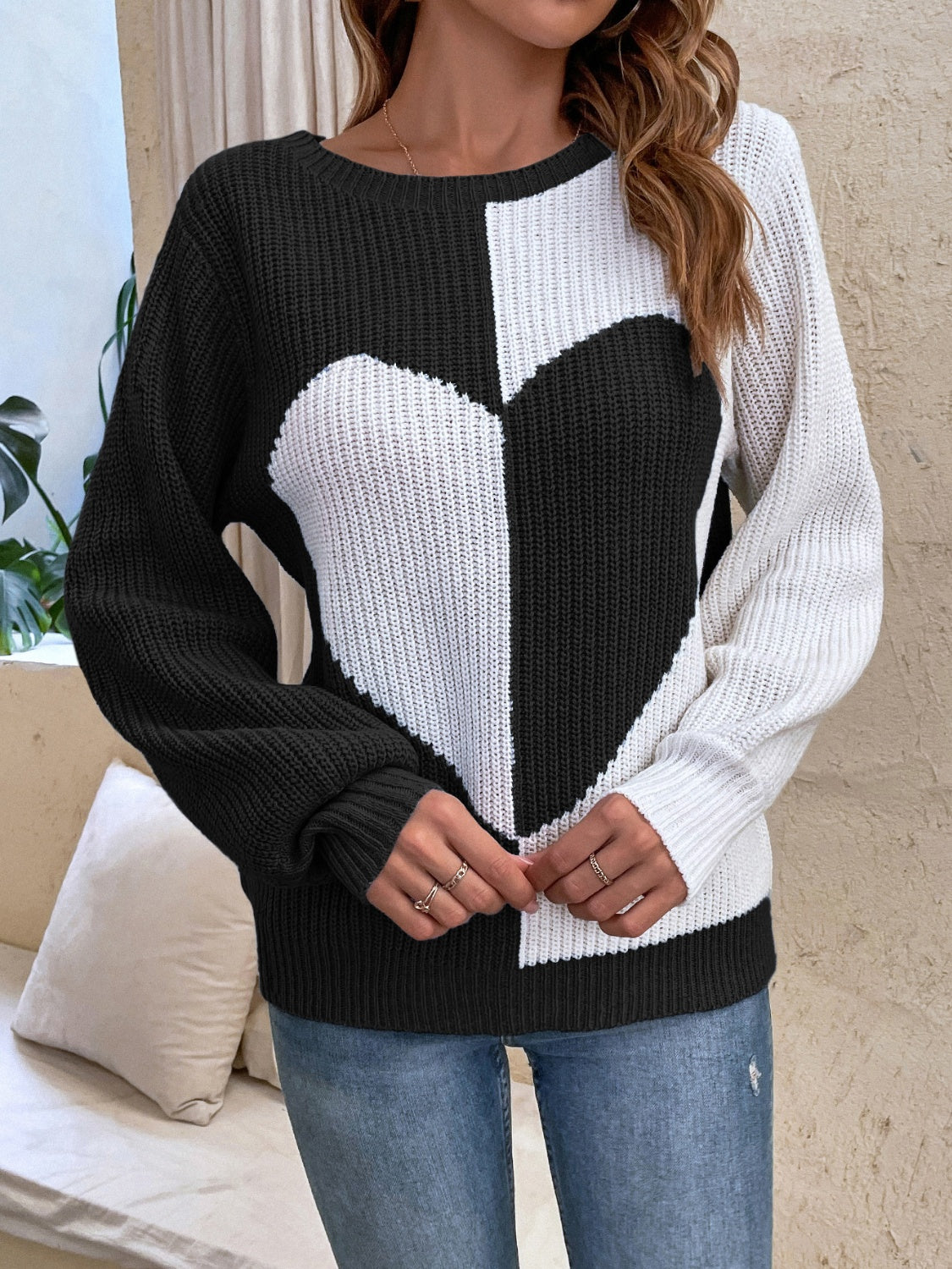 Contrast Heart Round Neck Long Sleeve Sweater-Angel Casuals