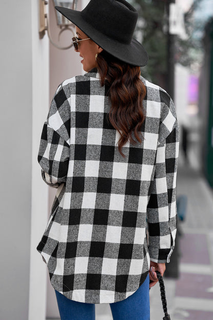 Plaid Curved Hem Dropped Shoulder Longline Shirt Jacket-Angel Casuals