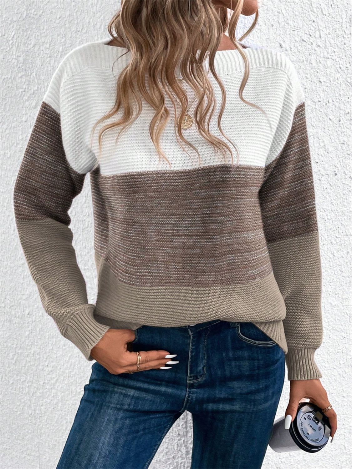 Color Block Drop Shoulder Long Sleeve Sweater-Angel Casuals