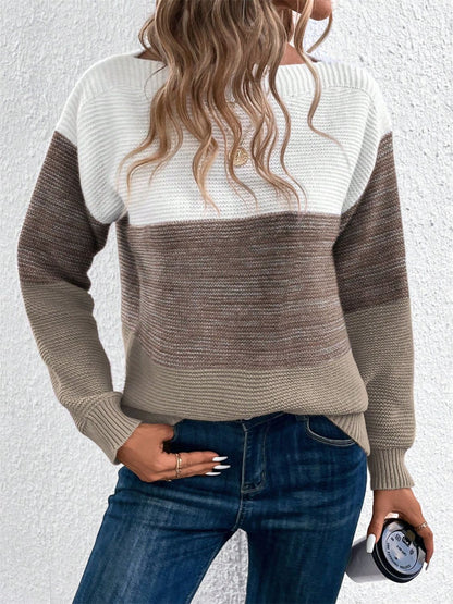 Color Block Drop Shoulder Long Sleeve Sweater-Angel Casuals