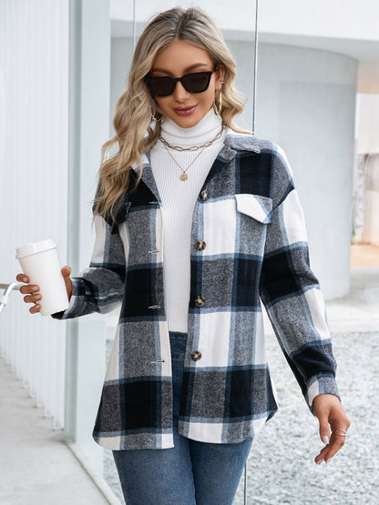 Ivy Lane Plaid Button Up Long Sleeve Shacket-Angel Casuals