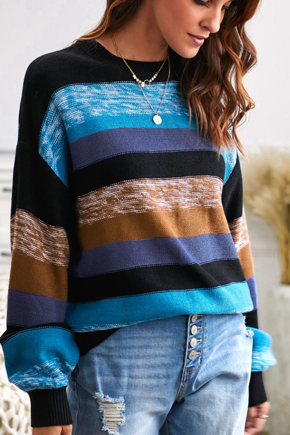 Contrast Striped Round Neck Drop Shoulder Sweater-Angel Casuals