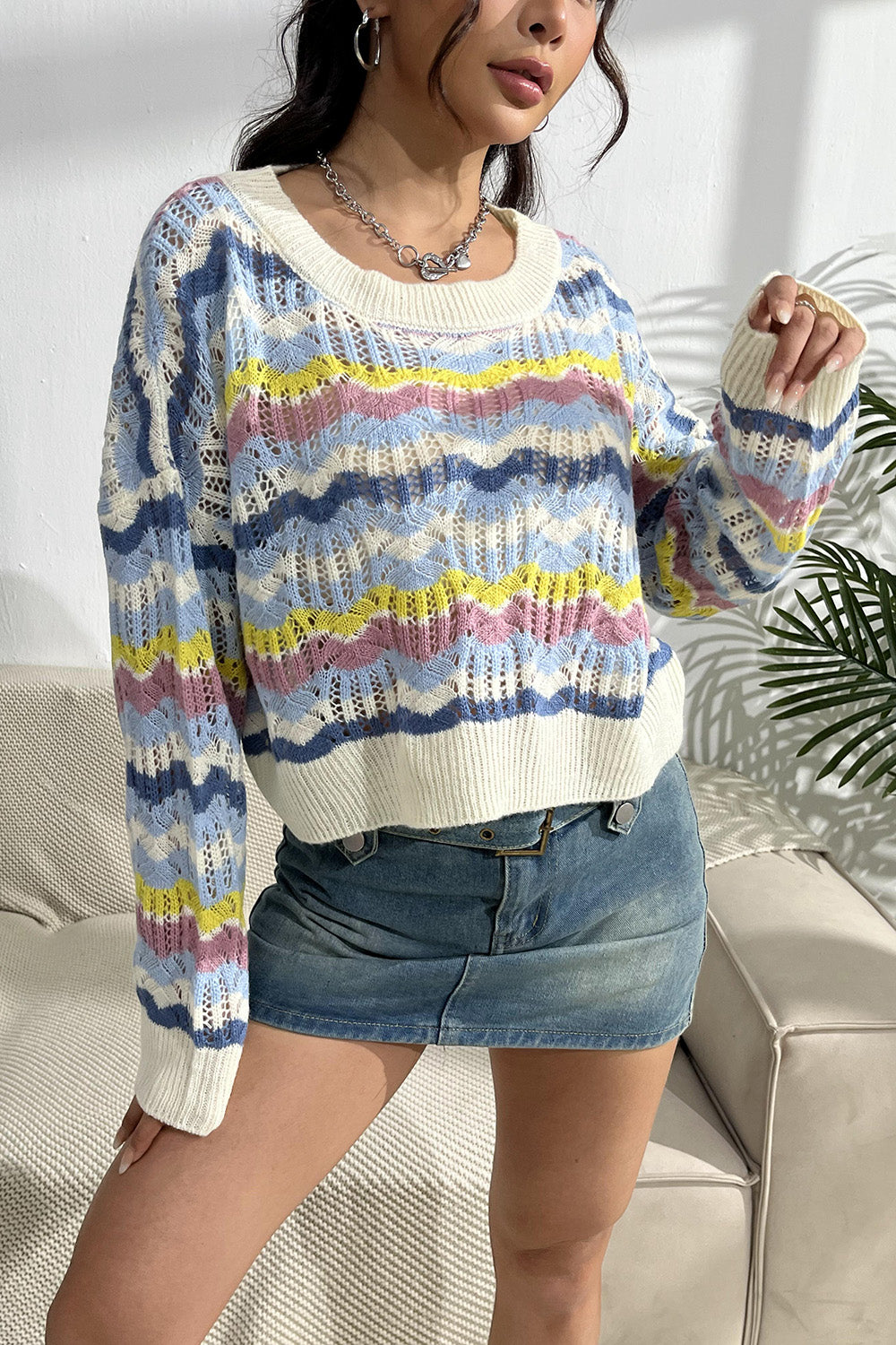 Striped Openwork Dropped Shoulder Sweater-Angel Casuals