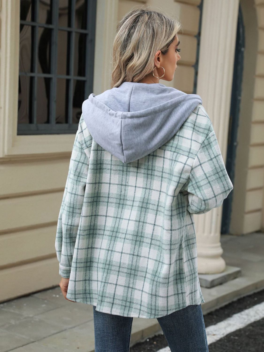 Drawstring Plaid Button Up Hooded Jacket-Angel Casuals