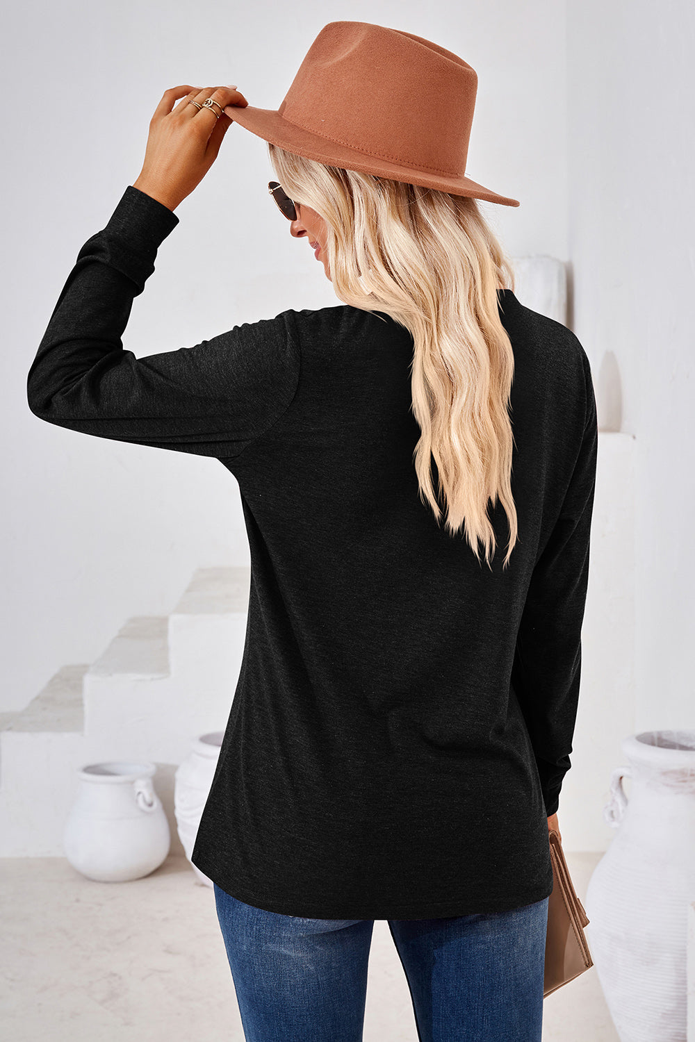 Notched Button Detail Long Sleeve T-Shirt-Angel Casuals