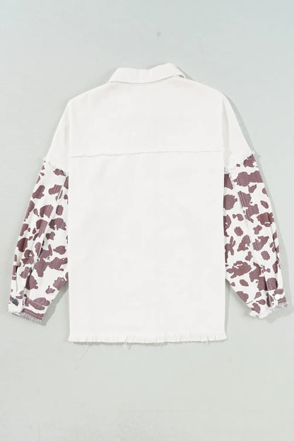 Raw Hem Animal Print Long Sleeve Denim Jacket-Angel Casuals
