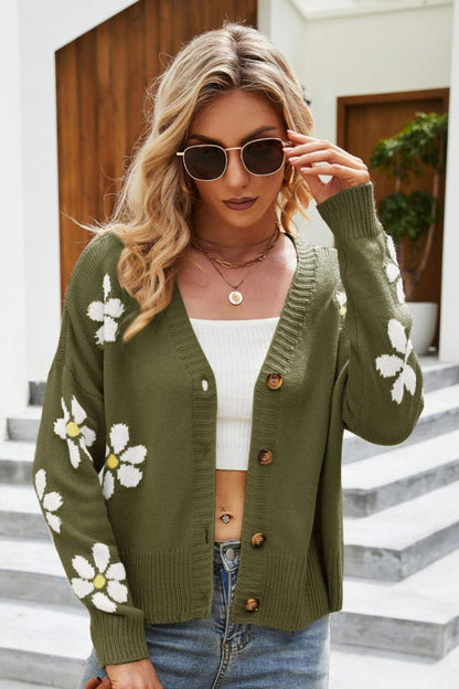 Floral Ribbed Trim Drop Shoulder Cardigan-Angel Casuals