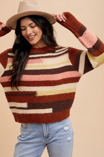 Annie Wear Color Block Round Neck Long Sleeve Sweater-Angel Casuals